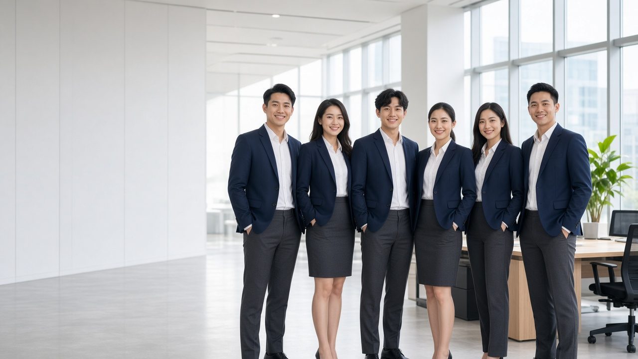 Nhóm nhân viên doanh nghiệp mặc đồng phục công sở blazer navy trong văn phòng sáng (ảnh minh hoạ concept)