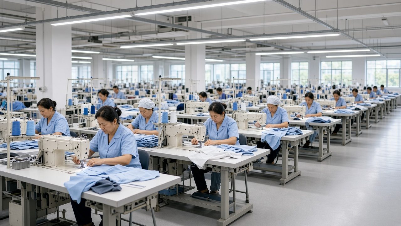 Khu vực may trong xưởng với nhiều công nhân (ảnh minh hoạ concept)